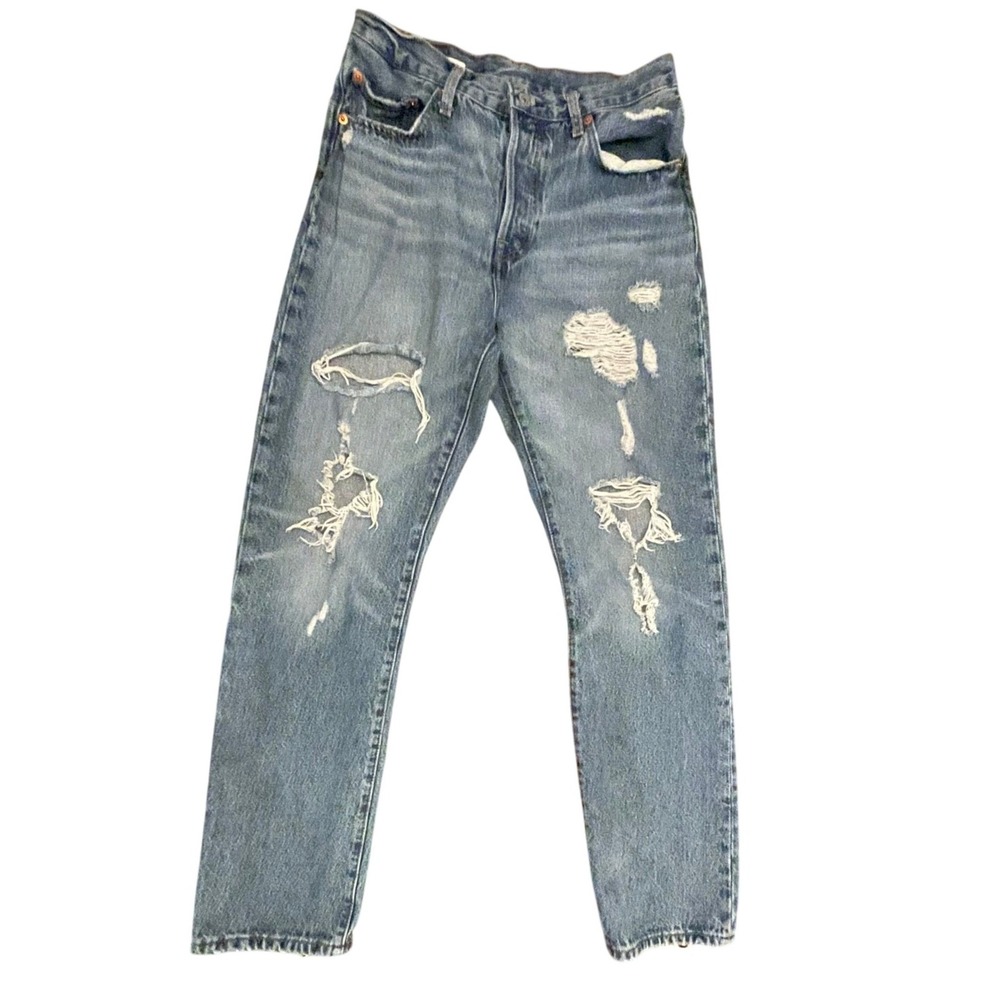 Levis Premium 501 Original Fit Distressed Jeans W28 L30 Blue Cotton Button Fly